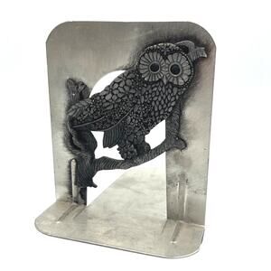 ONE Vtg Metzke Metal Pewter Owl Bookend 6" Boho Forest Silver 70s 80s Nursery